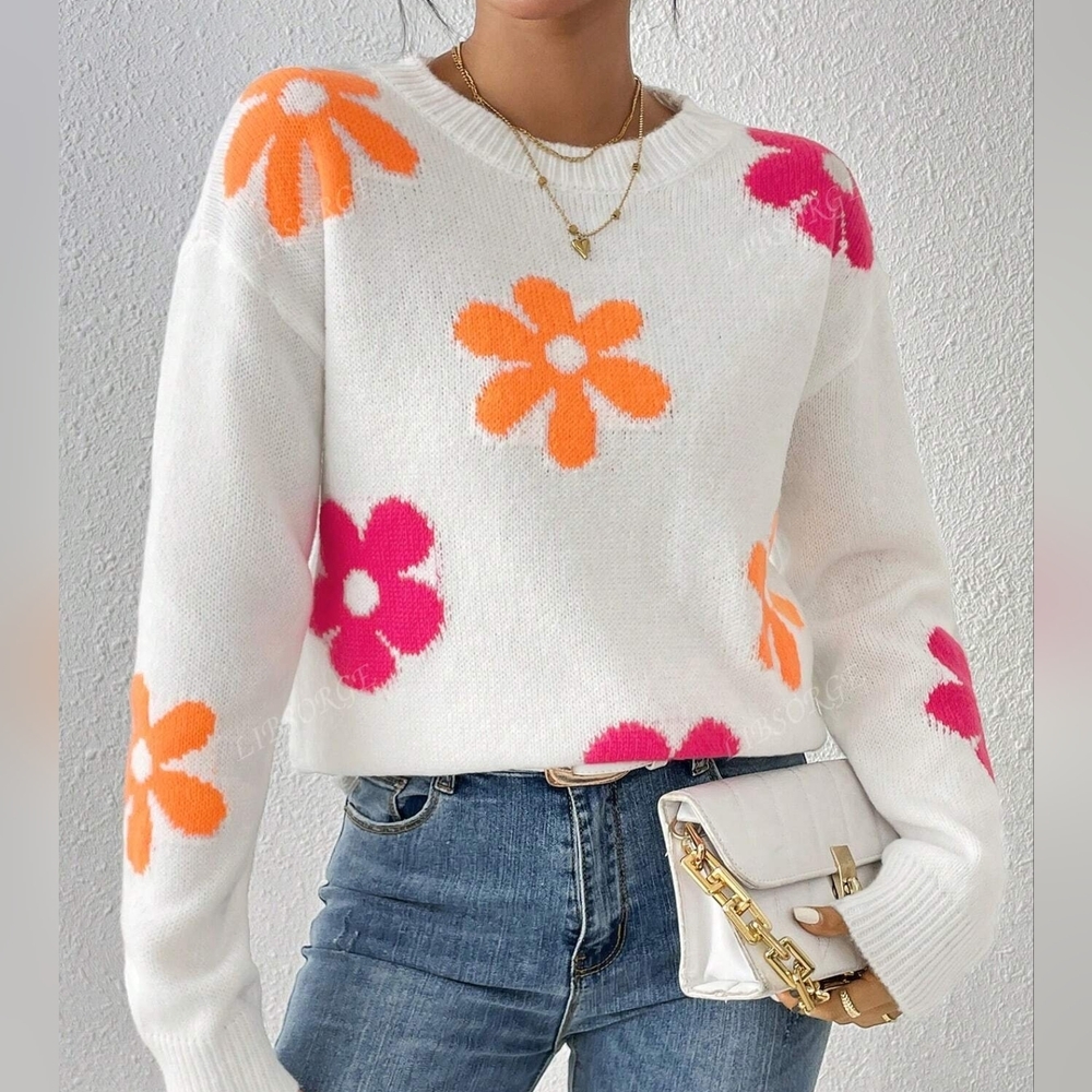Print Round Neck Drop Shoulder Long Sleeve Casual Loose Pullover Sweater, - Picture 4 of 5